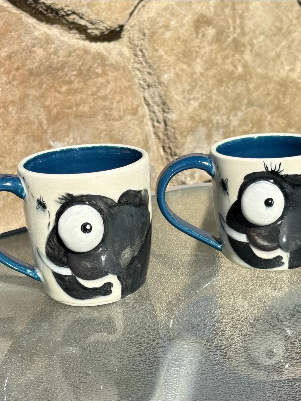 Ceramic 3D Eye Elephant Mugs Black Blue White Color Set of 2, 12 Oz 10 Oz